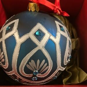 SOLD VINTAGE WATERFORD Round Blue Silver Christmas Ornament Boxed Ornament